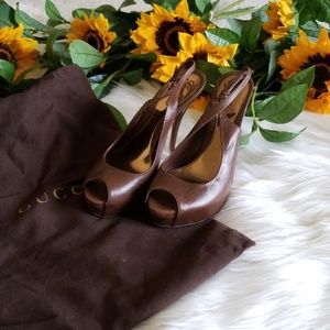 Gucci Brown leather open toe pumps